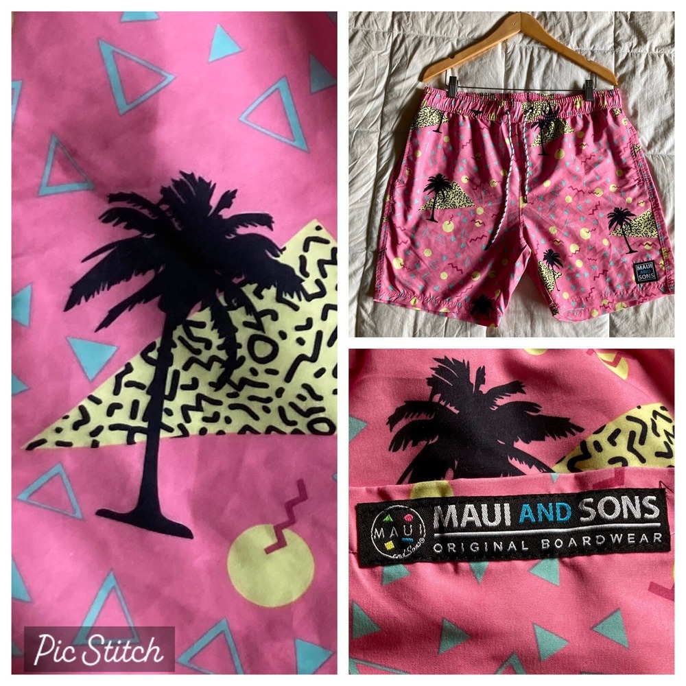 NWOT Maui & Sons Men's XL Reckless Board Pool Shorts 80s Pink Geo Palm Trees